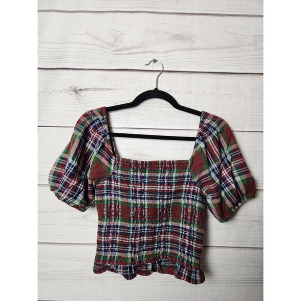 American Eagle Womens Shirt Tartan Plaid Smocked Puff Sleeve Maroon‎ Size Small